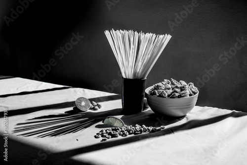 Minimalist black and white food still life