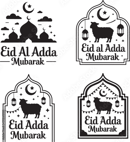 Eid al adha mubarak illustrations with sheep and mosque designs
