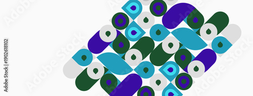 Abstract geometric pattern. Shapes include circles, squares, rectangles, varying colors. Design appears modern, minimalist.