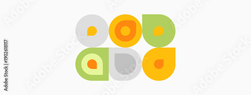 Colorful circles arranged gridlike. Pastel shades dominate design, creating playful visual pattern. Simple geometry defines composition.