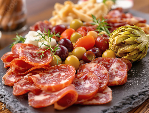 charcuterie board with cured meats cheese grapes and vegetables