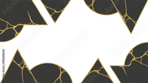 Elegant abstract vector design featuring fractured black geometric shapes mended with shimmering gold lines, symbolizing resilience and unique beauty on a clean white background