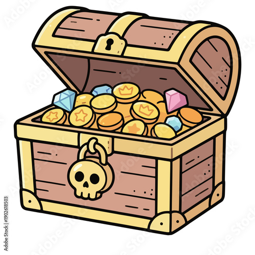 Treasure Chest with Gold Coins and Jewels.
