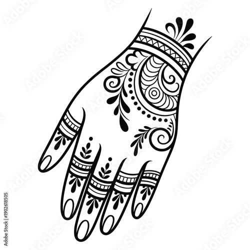 Intricate black henna mehndi design adorning a womans hand with floral patterns and intricate detailing isolated on transparent background