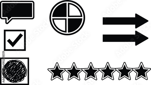 Flat design monochrome icon set showing speech bubble pie chart checkbox check mark double right arrows scribble filled circle and star rating row vector line art