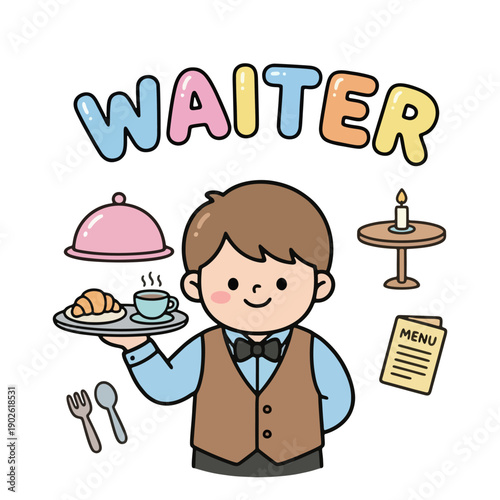 Cartoon Waiter Serving Food and Beverage.