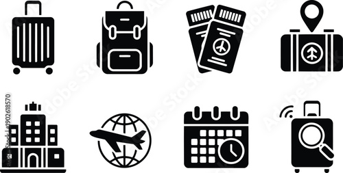 A comprehensive set of black silhouette travel icons for global adventure planning