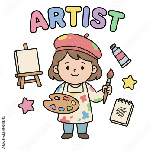 Cartoon Artist Painting with Brush and Palette.