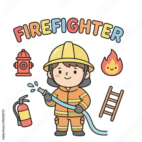 Cartoon Firefighter Girl Holding Fire Hose.