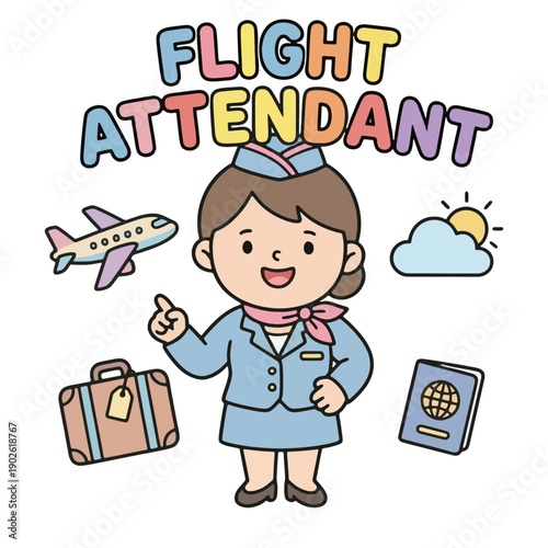 Cartoon Flight Attendant with Luggage and Passport.