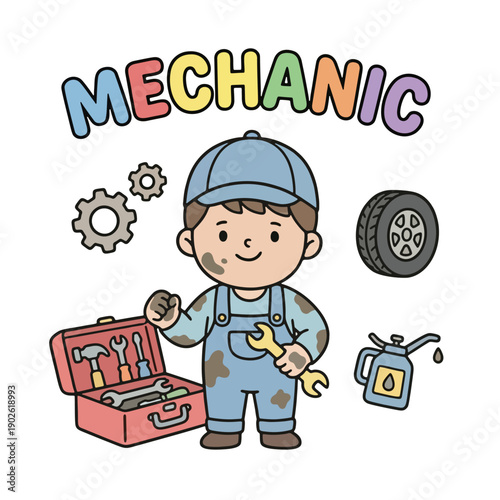 Cartoon Mechanic with Tools and Equipment.