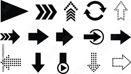 Flat design black arrow icon set assorted directions bold geometric shapes play forward rewind circular refresh dotted chevron down up right left minimal vector graphics collection