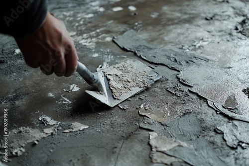 Person scraping old adhesive from concrete floor