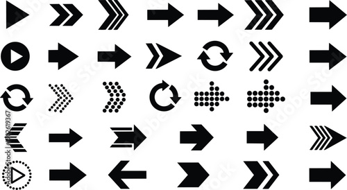 Flat design bold directional arrow icon set showing varied chevrons dots and play symbols in geometric silhouettes on white background close up minimalist high contrast vector