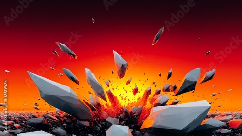 Large explosion with a red sky in the background. The sky is orange and the rocks are scattered all over the ground