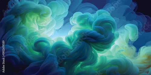 Seamless blue abstract fractal background with microscopic bubble textures, blending smoke and wave patterns into a scientific design of medical cells and energy motion