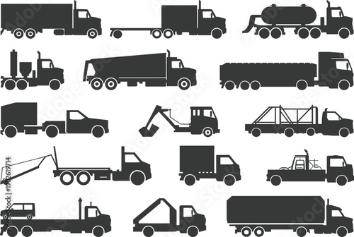 Truck silhouette icon set, commercial transport vehicles collection, delivery cargo construction service trucks, logistics transportation vector illustration, industrial design, elements