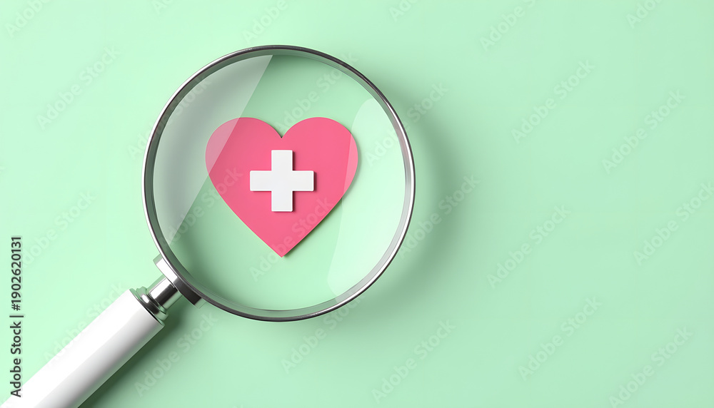 Fototapeta premium Magnifying glass focusing on a pink heart with a white medical cross symbol