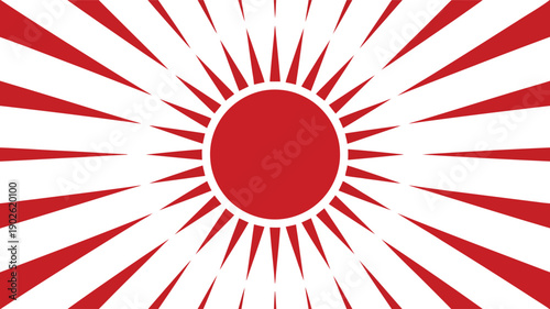 A distinct red sun with radiating rays shines brightly against a crisp white background