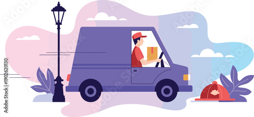 Flat vector illustration of a delivery courier driving a purple van carrying a package against a stylized background with lamppost, clouds, and leaves.