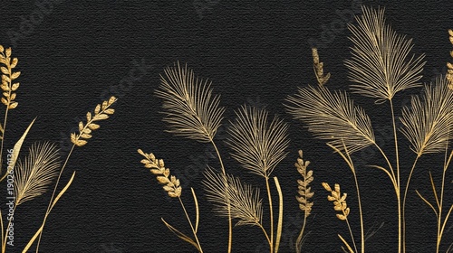 Black background with gold leafy plants. The plants are in various sizes