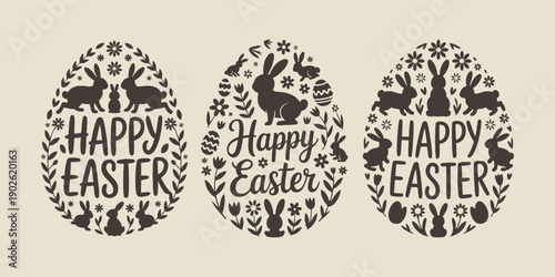 Silhouettes of Easter bunnies, flowers, and eggs forming egg shapes with Happy Easter text, on a beige background, celebrating Easter holiday