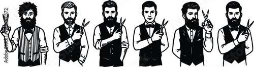 Tattoo flash six barber portraits holding scissors in vintage vests bow ties close up front view monochrome line art for grooming branding male bearded retro hipster