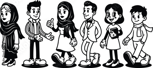Line art cartoon group of diverse young people walking left to right looking forward holding books and smiling wearing scarves coats hijab casual shoes small shadows
