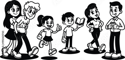 Retro cartoon 90s family group walking and interacting parents with coffee children running reading book in black and white line art playful composition smiling casual portrait
