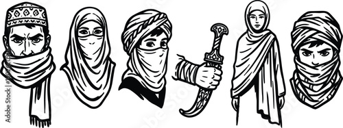 Line art arab and desert figures wearing hijab turban and face veil holding curved dagger close up set in black and white vector style illustration portrait