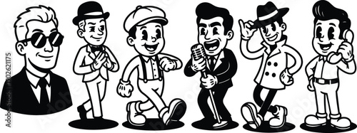 Retro cartoon fifties style row of six male characters singing walking tipping hat talking on phone smiling in black and white vector line art playful