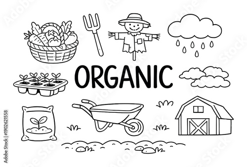 Organic farming icons: vegetables, tools, barn, rain, plants, scarecrow