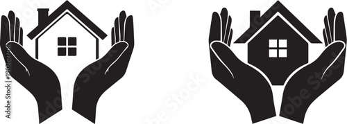 Two hands holding house and real estate logos in black and white