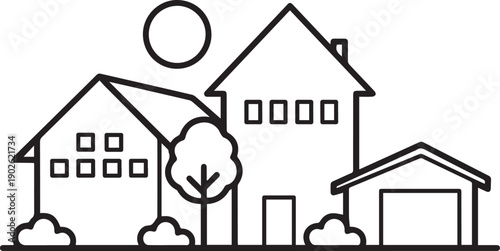 A simple line drawing of a residential neighborhood scene with houses and a garage