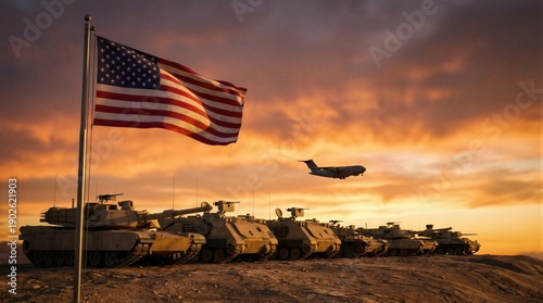 American flag flying over military tanks and aircraft at sunset. Patriotism and defense for country. Memorial Day, Veterans Day