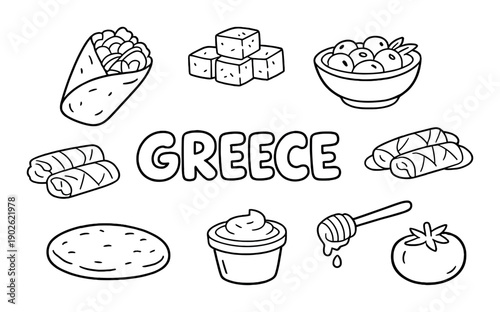 Greek cuisine icons with gyro, cheese, olives, and honey