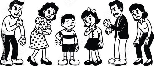 Retro cartoon 1950s line art family group clutching stomach and chest looking unwell front view black and white vector medical symptom illustration vintage concerned facial expressions