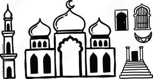 Line art mosque facade close up hand drawn vector elements including minaret domes crescent stairs arch doorway ornamental window front view simple monochrome illustration isolated bold