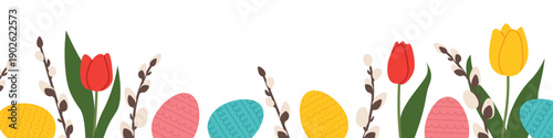 easter banner with pussy willow twigs, tulips and eggs, spring floral composition and traditional holiday decoration concept- vector illustration
