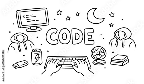 Night coding scene with keyboard and tech elements