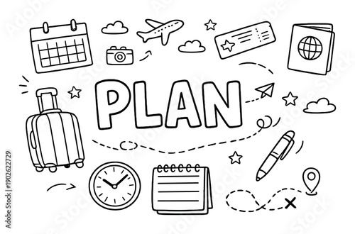 Travel planning doodles with luggage, passport, and schedule icons on grey background