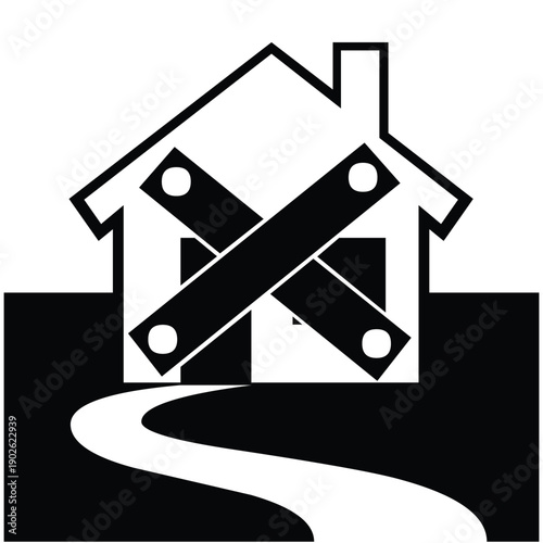 A black and white illustration of a house with a railroad crossing sign in front of it silhouette