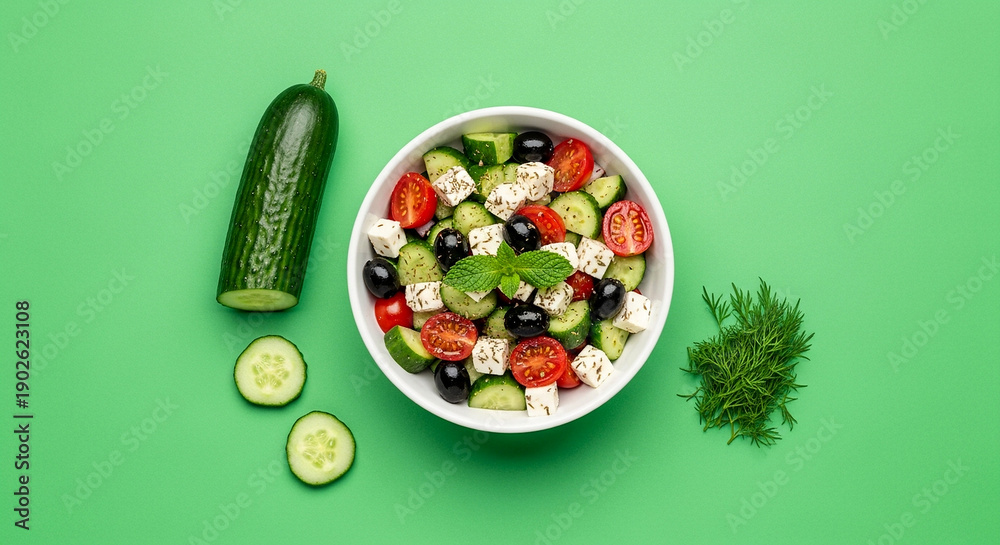 Fototapeta premium Fresh and vibrant Greek salad with feta cheese and cucumber, a healthy and delicious meal.