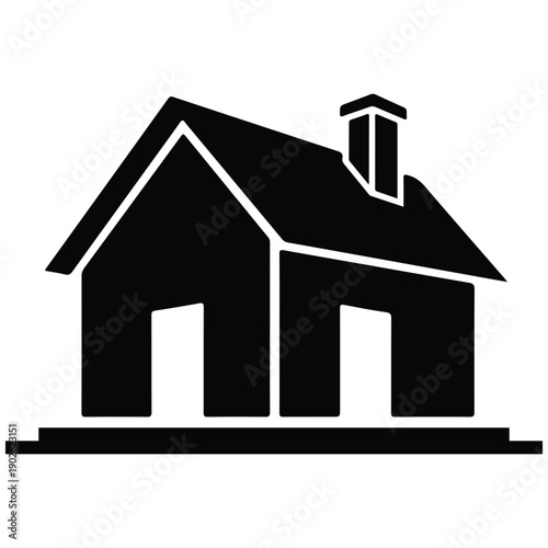 A simple black silhouette of a house with a chimney against a white background