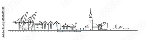 Silhouette of industrial port with cranes, buildings, and ship