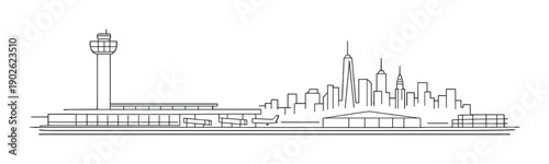 Minimalist line art of airport terminal and city skyline with control tower