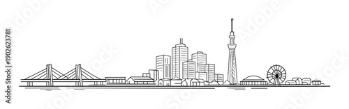 Minimalist city skyline with skyscrapers, ferris wheel, and bridge at night