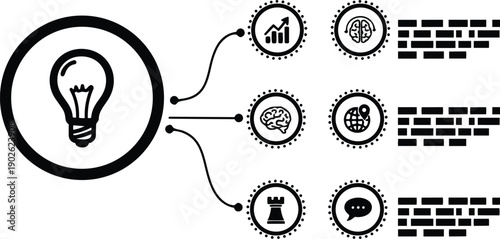 Flat design infographic close up light bulb idea icon connected to circular strategy brain chart globe rook chat nodes in minimal black and white composition layout