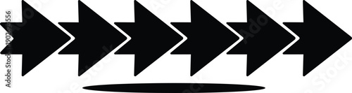 Flat design bold arrow row with five solid black chevrons pointing right low angle long oval shadow beneath centered on white background vector graphic minimalist symbol