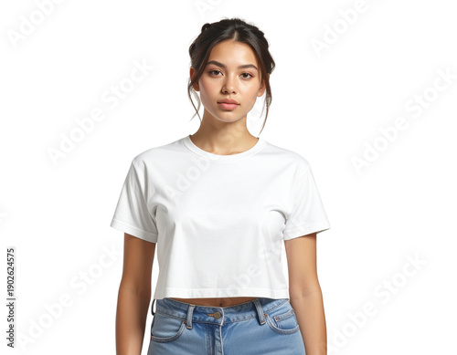 Young woman in white crop top and denim jeans posing confidently isolated on transparent background